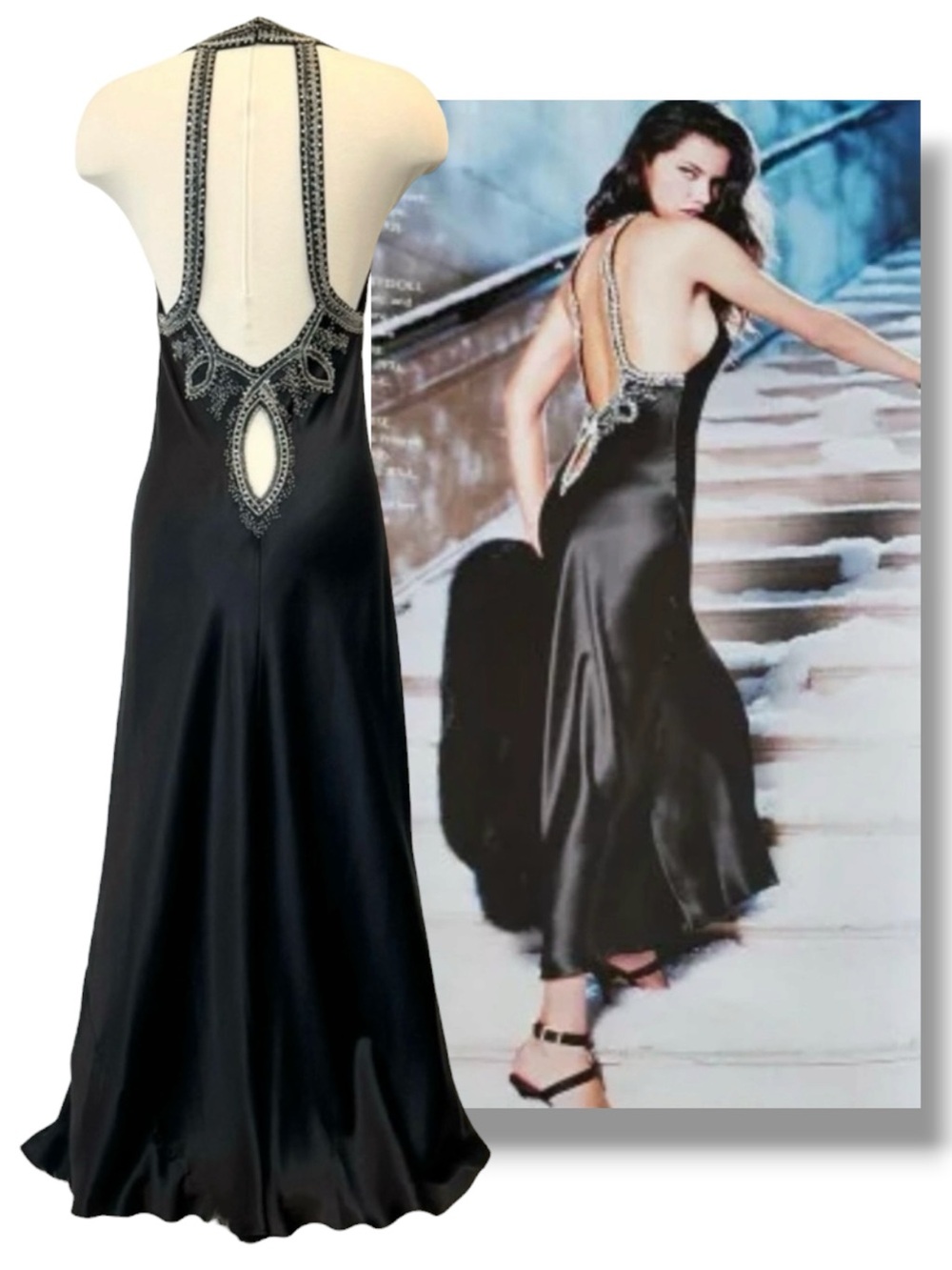 Y2K Victoria’s Secret Silk Beaded Sequins Black Vintage Maxi Gown Slip Dress L
